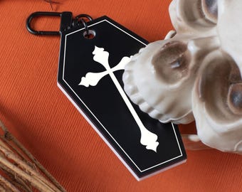 White Cross Matte Black with White Coffin Keychain | Laser Cut Matte Black Acrylic