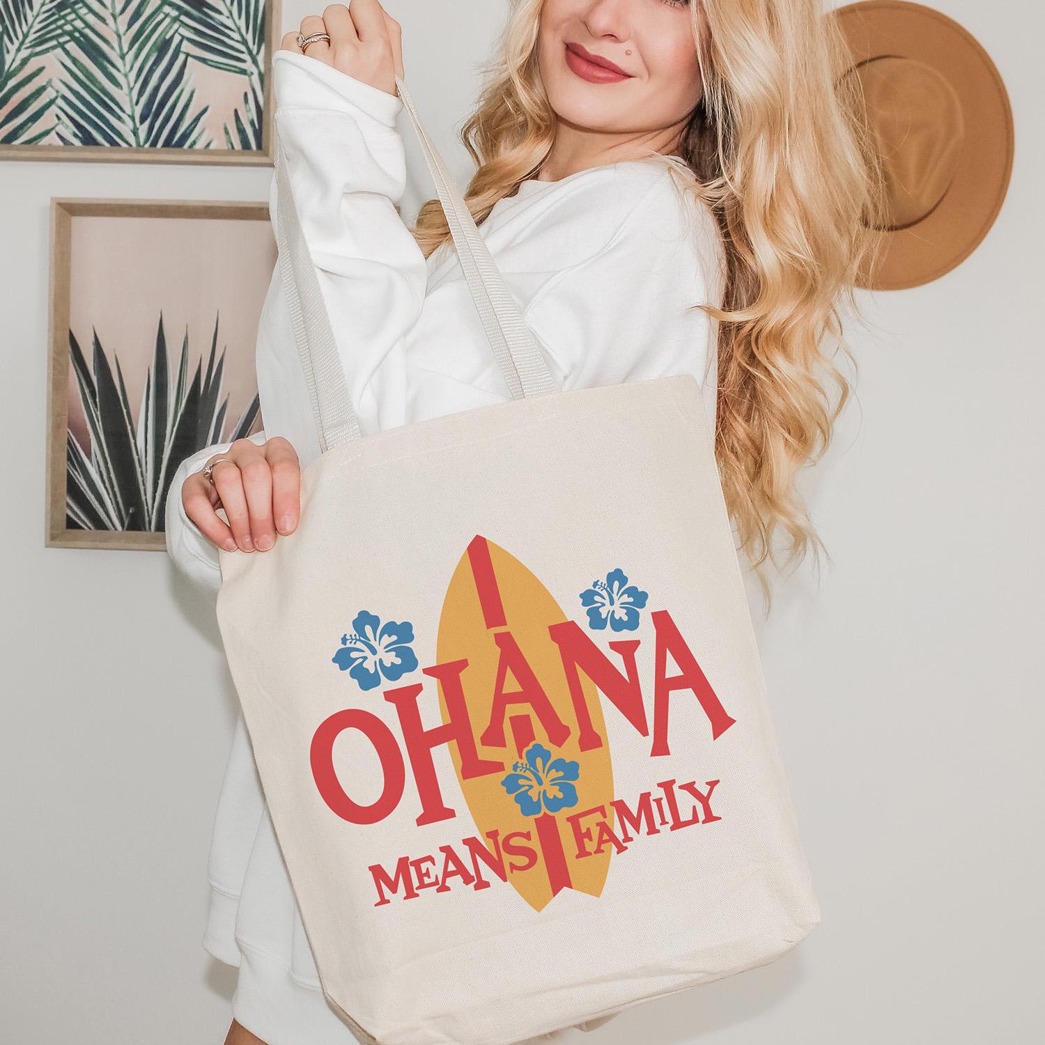 Surfboard Ohana Means Family Canvas Tote Bag, Hawaiian Vibes