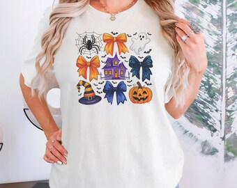 Halloween Coquette Pumpkin Ghost Unisex T-Shirt, Cute Funny Halloween Shirt, Pumpkins and Bows Unisex Graphic Tee, Cute Trick or Treat Gift