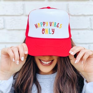 Happy Vibes Only Trucker Cap, Trucker Cap with Positive Message, Fun Summer Mesh Hat, Positive Vibes Hat, Trendy Summer Hat