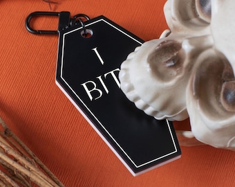 I Bite Matte Black with White Coffin Keychain | Laser Cut Matte Black Acrylic