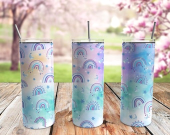 Purple Boho Rainbow Skinny Tumbler 20oz Travel Coffee with Lid and Straw Stainless Steel Insulated Hot or Cold, Cute Tumbler
