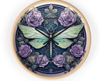 Green Dragonfly Wall Clock Dragonfly Clock Purple Rose Clock Rose and Dragonfly Clock Dragonfly Wall Clock