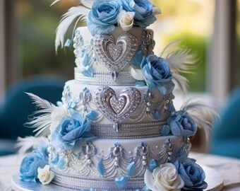 Pastel de bodas de 3 niveles en azul celeste y blanco - Estilo B