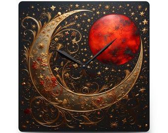 Crimson & Gold Crescent Moon Acrylic Wall Clock