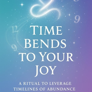 Peut inclure: Couverture de livre avec un fond dégradé bleu et violet. Le titre "TIME BENDS TO YOUR JOY" est en grandes lettres blanches. Le nom de l'auteur, Sahira Luxet, est en bas. Un motif blanc brillant et des chiffres sont également présents.