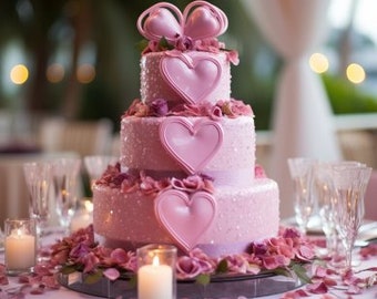 Corazones rosados - Pastel de bodas de 3 niveles - Estilo C