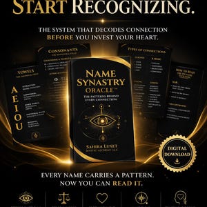 May include: A promotional image for a book titled "Name Synastry Oracle" with a black and gold design. The book is surrounded by cards with text. The image includes the phrases "Stop Guessing. Start Recognizing." and "Digital Download."