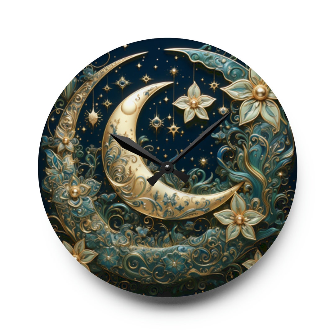 Golden Celestial Moon Acrylic Wall Clock - Etsy