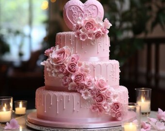 Pastel de bodas de rosas y corazón rosa - 3 niveles - Estilo E