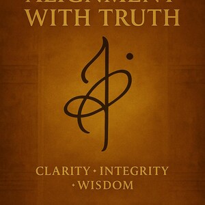 May include: A book cover with a textured brown background. The title "ALIGNMENT WITH TRUTH" is in gold lettering. A black sigil is centered, with the words "CLARITY + INTEGRITY + WISDOM" below. The text "Includes Sigil PNG + Burned Scroll Decree" is at the bottom.