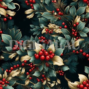 May include: A seamless pattern featuring a festive design of green and gold leaves with red berries. The pattern is perfect for holiday crafts, wrapping paper, and fabric.