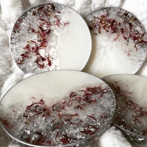 White Pearl Coasters with Silver Flakes and Rose Petal