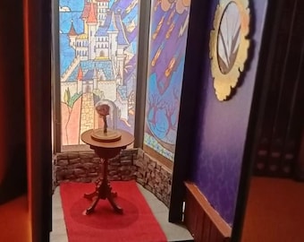 Beauty and the Beast Booknook – Handmade fantasy miniature diorama with stained glass windows, red carpet, enchanted rose and castle design