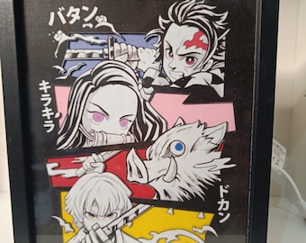 Demon Slayer Lightbox – LED Frame with Tanjiro, Nezuko, Inosuke, Zenitsu | Handmade Anime Decor