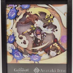 Peut inclure: Une impression d'art pop-up 3D encadrée mettant en scène le personnage d'Arataki Itto de Genshin Impact. L'impression est placée sur un fond tourbillonnant avec des images de scarabées bleus. Le texte "Genshin Impact" et "Arataki Itto" est visible en bas de l'impression.