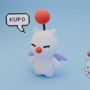 May include: A white crocheted character with a red nose and a red ball on its head, purple wings, and closed eyes. A pixelated speech bubble with the word "KUPO" is on the left. A cartoon version of the character is on the right.