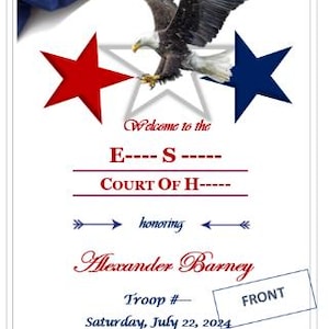 May include: A patriotic invitation with an American flag, a bald eagle, and red and blue stars. The text reads "Welcome to the Court of H... honoring Alexander Barney, Troop #, Saturday, July 22, 2024." The word "FRONT" is stamped on the right.