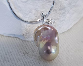Natural light silvery pink Baroque pearl necklace,15x21mm pearl.45  rhodinated s925 snake chain.June birthstone,birthday holidays gift,