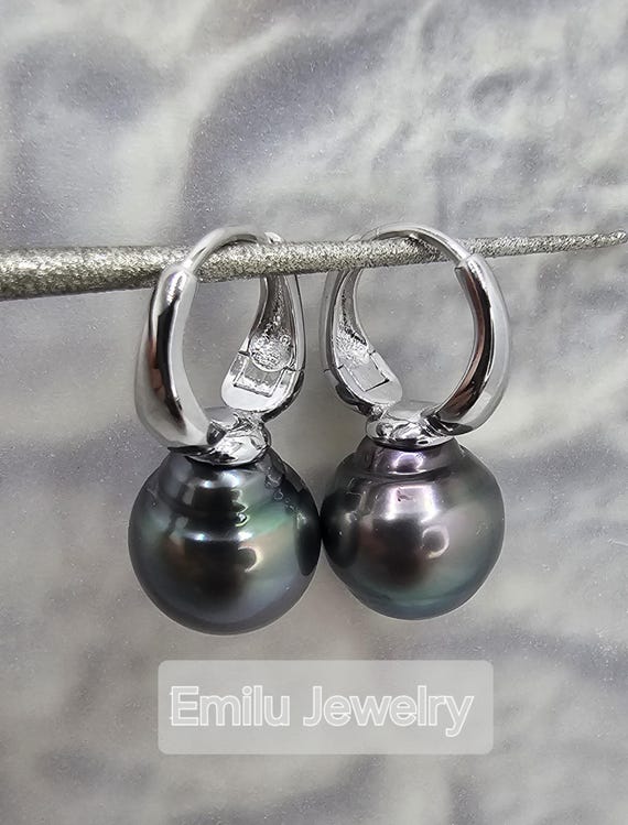 Tahitian saltwater pearl earring,dark peacock,approx 10-11mm pearls,rhodinated S925 silver earring hoops,June birthstone,holidays birthdays.