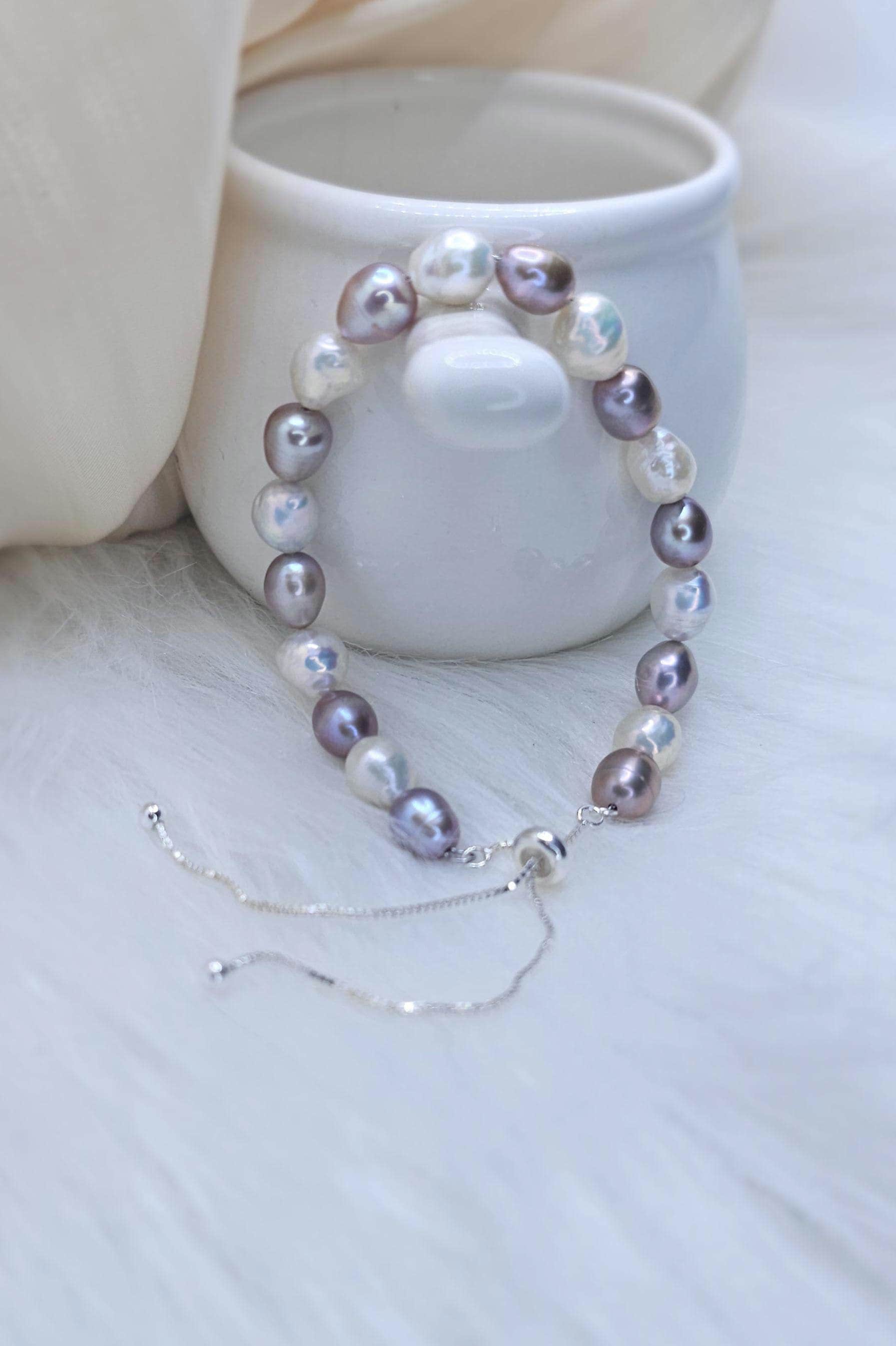 Genuine pearl sterling silver bracelet. Excellent Luster,natural dark purple, white,Wedding birthday gift,Christmas,mother's day,birth stone