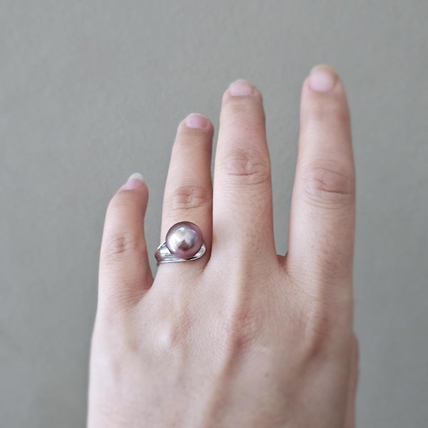 Natural Edison pearl ring,natural metallic colour*NO DYE* 12mm,adjustable open ring,near-round pearl.June birthstone, birthday holidays gift