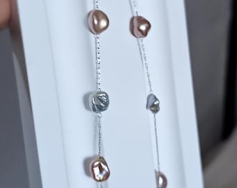 Natural keshi pearl necklace,6-7mm freshwater keshi pearls,45-66cm chain length, stainless steel chain,June birthstone,Mother's day,for her.