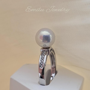 Anillo de perla grande natural, perla de agua dulce blanca, rodinada S925, banda ajustable de tamaño estadounidense n.° 6 a n.° 8,5, perla de 10-11 mm, piedra de nacimiento de junio, cumpleaños.