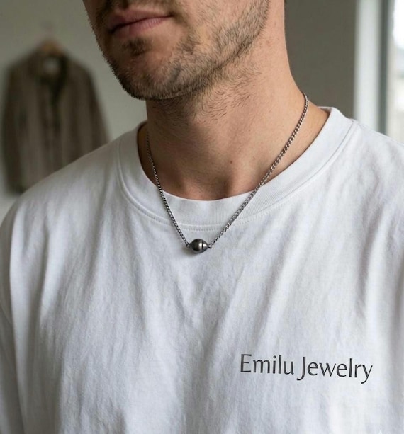 Men's Tahitian Baroque Pearl Necklace, 9.5-10mm Dark Grey Tahitian Saltwater Pearl, Stainless Steel Chain Necklace, Minimalist Unisex Pearl