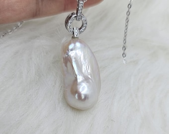 Huge white Baroque pearl necklace with Rhodinated S925 45-60cm chain,16mmx28mm pearl,birthstone,Wedding,holiday,birthday gift,for Mom,her.