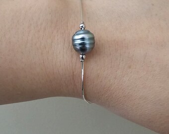 Tahitian platinum grey pearl bracelet, S925 snake chain,10-11mm pearl, June birthstone, birthday gift, classic, simple,for her,him.