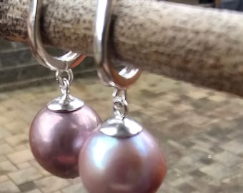 S925 Edison freshwater pearl dangle earrings,clip on pierced earring hoops,Natural metallic violet colour,11-12mmpearls, June birthstone.