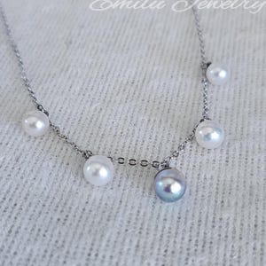 Blue grey Akoya saltwater pear and white freshwater pearl necklace.7-8mmpearls. 45cm S925 chain.June birthstone,birthday,holiday gift,her.