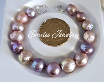 Natural multicolor freshwater baroque pearl bracelet,10-12mm pearls,metallic pink and purple,gold,S925 clasp. June birthstone,birthday gift.