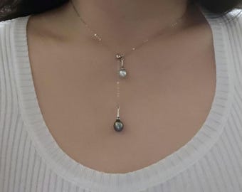 Tahitian Dark Green Pearl & Blue Grey Akoya Pearl Adjustable Necklace ,50cm+5cm S925 chain, Saltwater  Pearl Jewelry. Holidays gift.