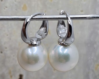 S925 large natural white pearl hoop earrings,rhodinated S925 silver hoops,10x11mm pearls,warm cream white, June birthstone,birthday gift.