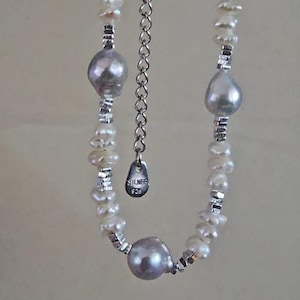 Grey blue Akoya saltwater pearl, white keish pearl necklace,6mm pearls. S925 box chain 43+5cm.June birthstone,birthday,holiday gift,her.