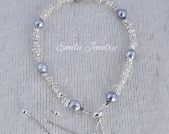 Natural platinum grey blue Akoya saltwater pearl bracelet,S925 adjustable chain,5-6mm akoya pearl,June birthstone,birthday gift,for mom,her.