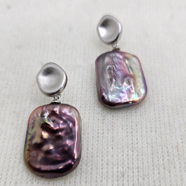 Large square button pearl drop earrings,dazzling Metallic purple,silver plated earring,19.5-20.5mm pearl,June birth stone, Mother's day .