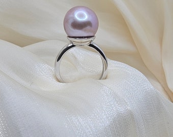 Solid S925 huge Edison pearl ring, natural metallic purple taro pearl,12.5to13.5mm pearl, adjustable ring, June birthstone, birthday gift.