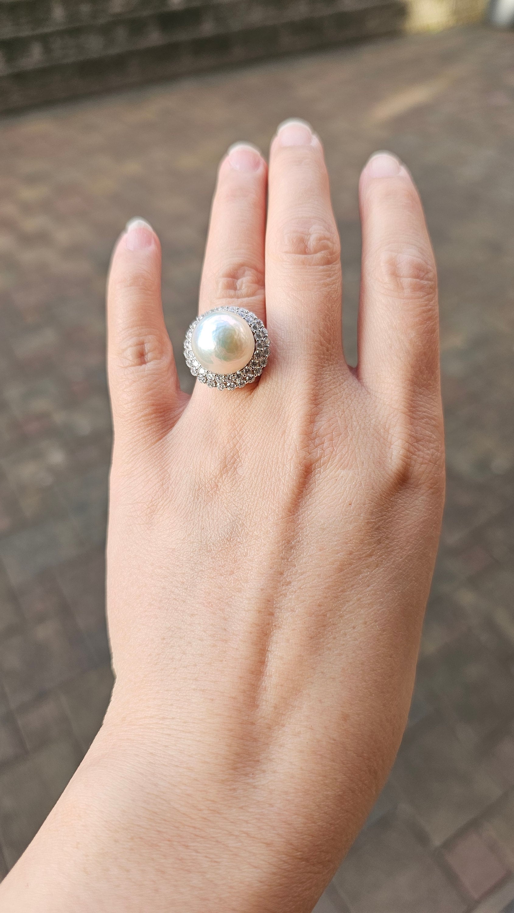 Huge fresh water pearl ring,rhodinatedS925adjustable ring,14mm natural white pearl,June birthstone,birthday gift,for mom,her,holiday gift