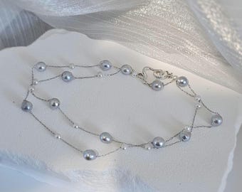 Natural grey blue Akoya saltwater pearl white  pearl necklace,6-7mm。S925 clasp,50cm stainless steel chain.birthstone ,birthday, holiday gift