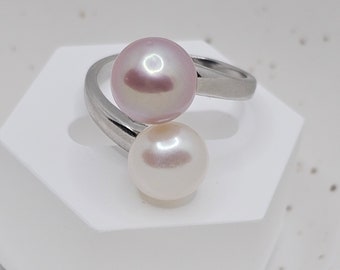 S925 double natural freshwater pearl ring,adjustable,natural colour,light pink,lavender,shell white.Approx9mm.June birthstone,birthday gift.