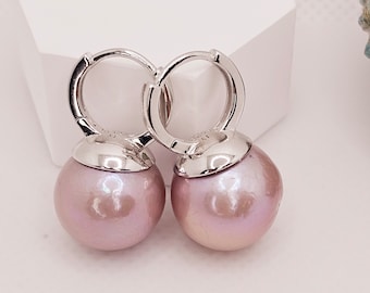 Natural huge Metallic purple pink Edison freshwater pearl S925hoop earrings,12.5-13mm,June birthstone,birthday gift,mother&#39;s day,for her.
