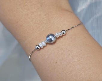 Natural platinum grey blue Akoya saltwater pearl bracelet,S925 adjustable chain,7-7.5mm akoya pearl,June birthstone,birthday gift,for mom.