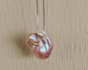 S925 huge Natural baroque pearl necklace, metallic lavender champagne gold mix colour,18.7x21.5mm,45cm chain.June birthstone,for her,him.