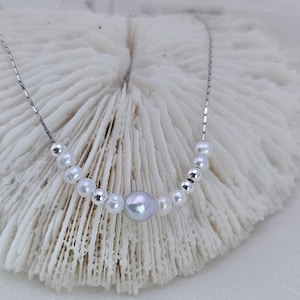Blue grey Akoya saltwater pearl white pearl necklace,6mm.4mm.S925 bamboo cut chain45cm.June birthstone,birthday,holiday gift,her.