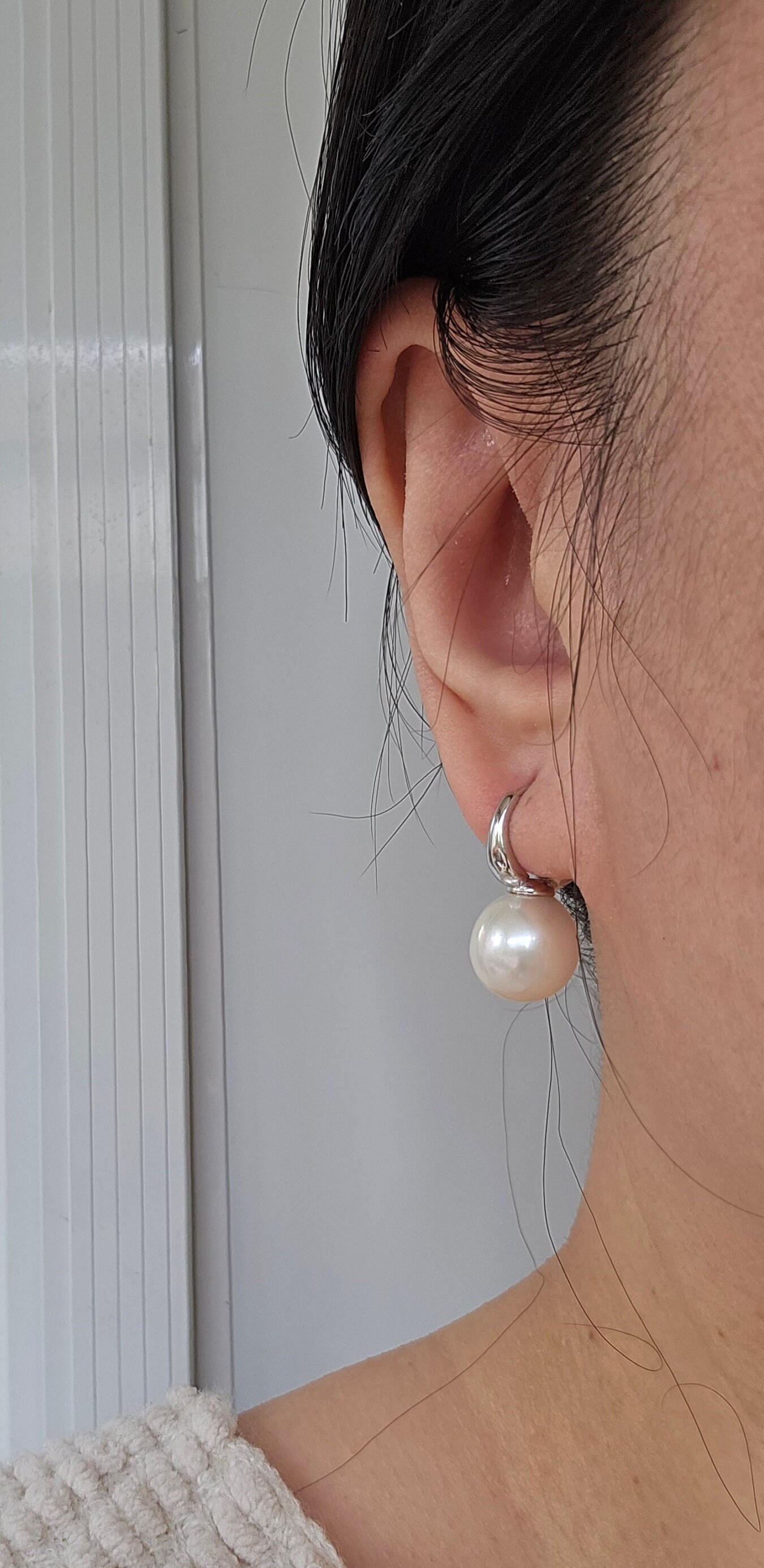 S925 Large Natural White Pearl Hoop Earrings,rhodinated S925