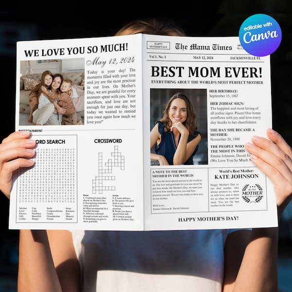 Mothers Day Newspaper Template, Mothers Day Gift Personalized, Mothers Day Card, Mothers Day Digital Gift, Mothers Day Gift From Daughter