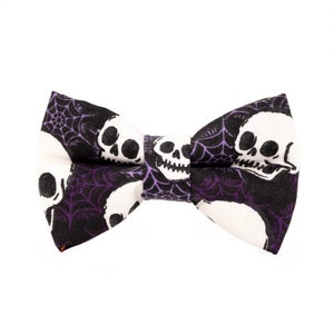 Purple Cobwebs with Skulls Halloween Bow Tie for Dogs and Cats, Handmade Pet Wear, Pet Accessory, Dog Bowtie, Cat Bow Tie, Elastic Collar